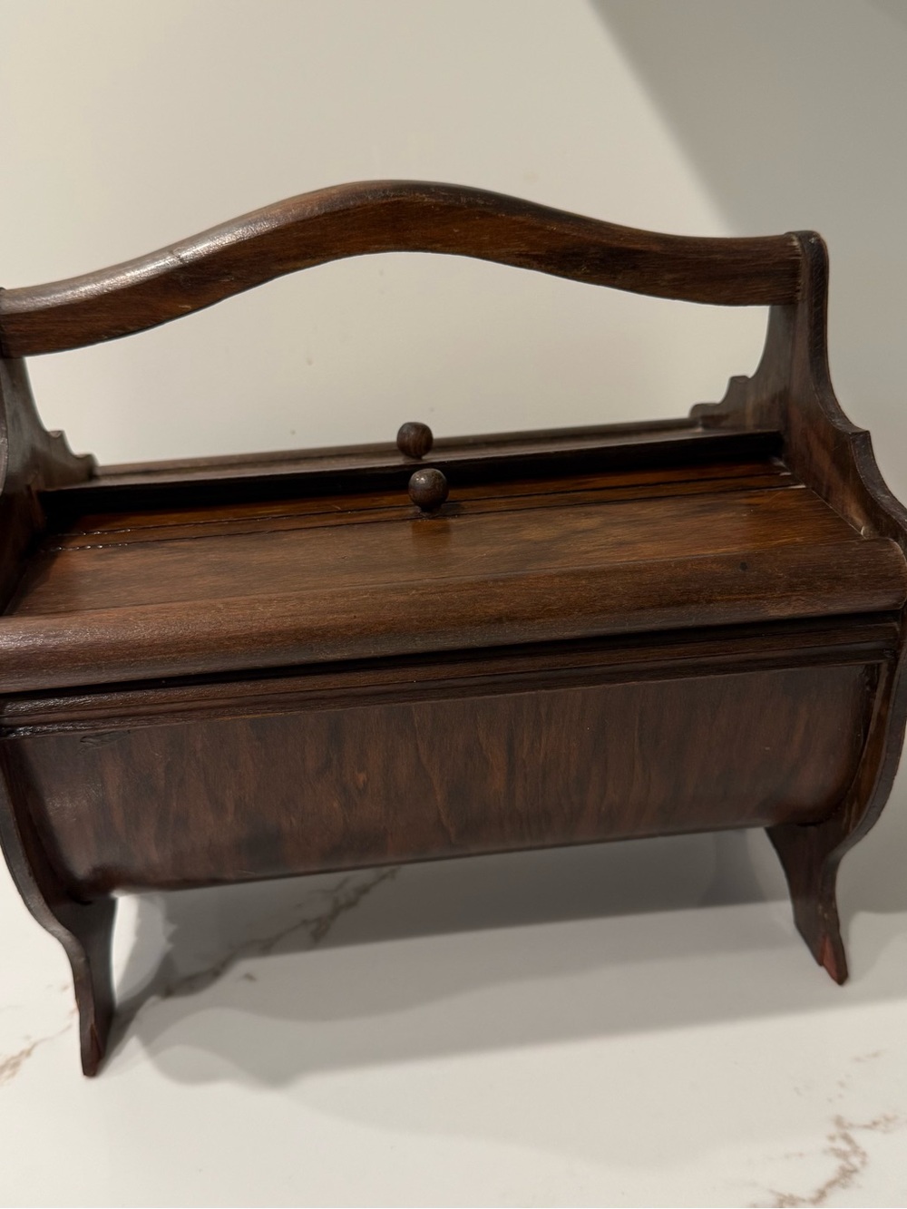 Vintage Wood Sewing Box hinged Flip Lid knobs Handle Primitive Colonial Caddy